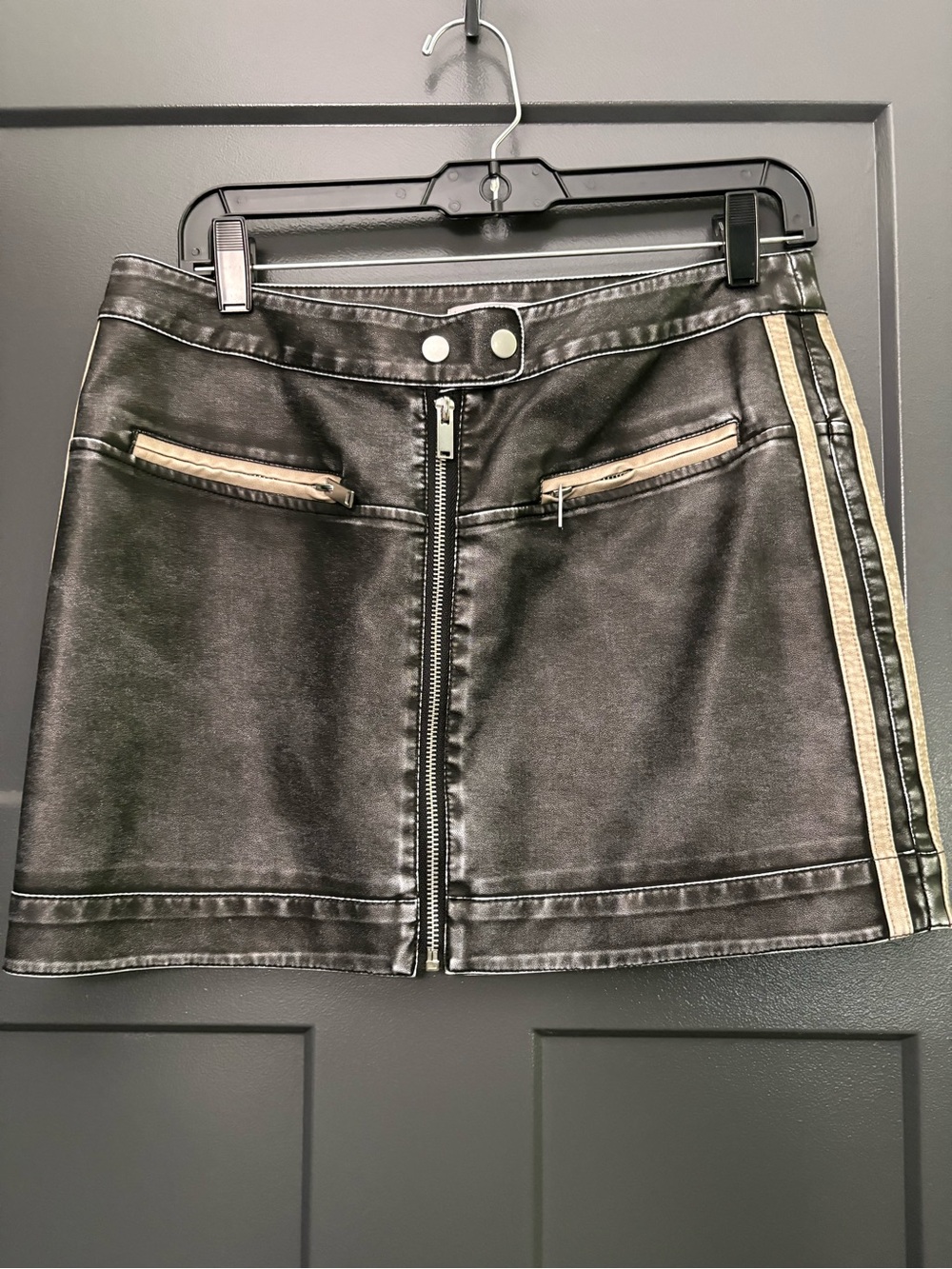 SO Black Faux Leather Mini Skirt with Tan Accent Stripes